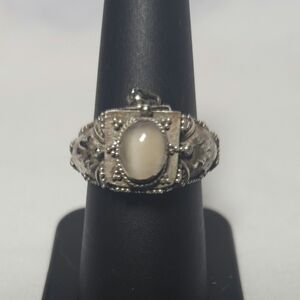 Antique Sterling Silver Moonstone Poison Secret Compartment Ring 7-8